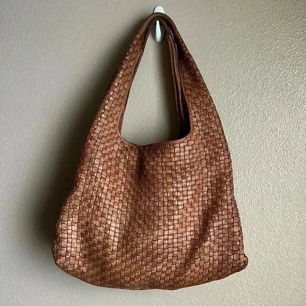 Distressed basket weave woven leather Hobo, Travel carryall bag